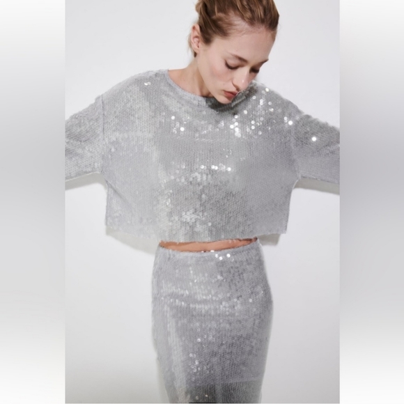 Zara * Set Sequin Skirt & Top Silver Size S - Picture 15 of 16